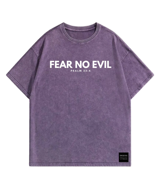 Purple t-shirt with 'FEAR NO EVIL' text on a white background