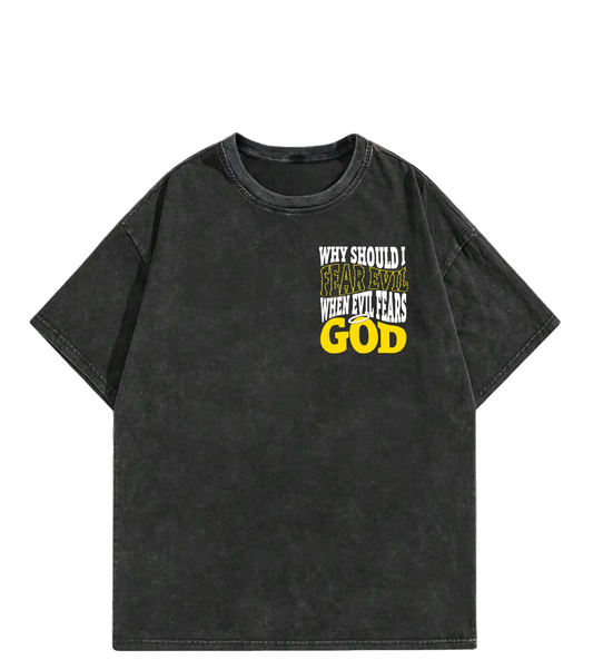 Black t-shirt with yellow and white text on a white background