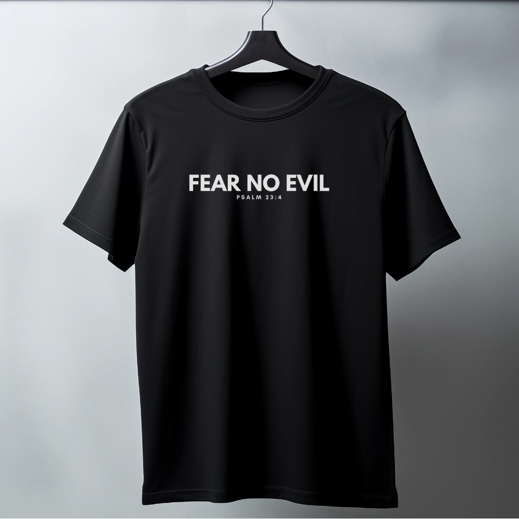 Black t-shirt with 'FEAR NO EVIL' text on a hanger against a gray background