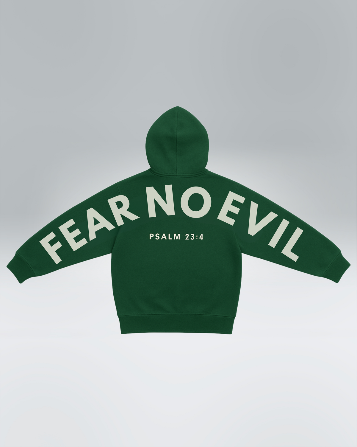 Green hoodie with 'Fear No Evil' text on a gray background
