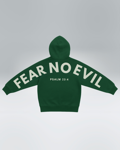 Green hoodie with 'Fear No Evil' text on a gray background