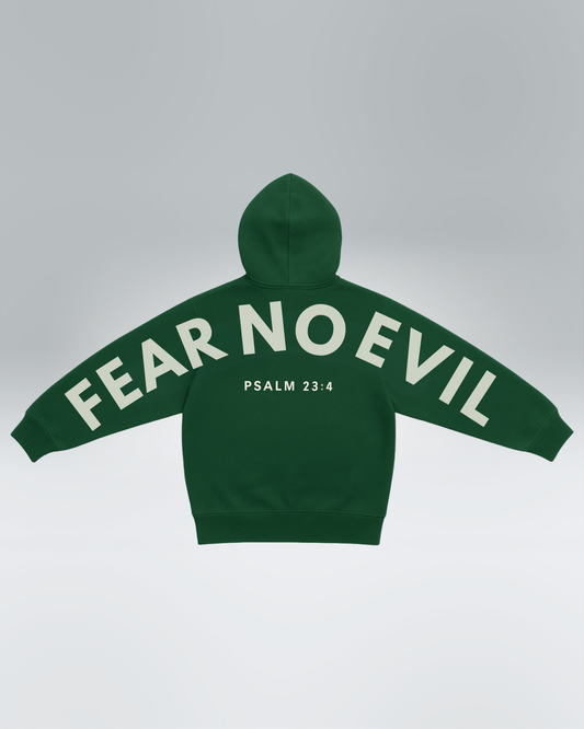 Green hoodie with 'Fear No Evil' text on a gray background