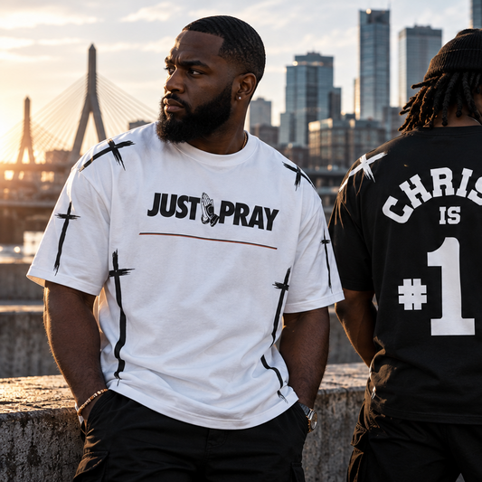 Two men standing outdoors near a bridge and city skyline at sunset, wearing graphic T-shirts. The man on the left wears a white T-shirt with black cross-like graphics and the text 'JUST PRAY'.